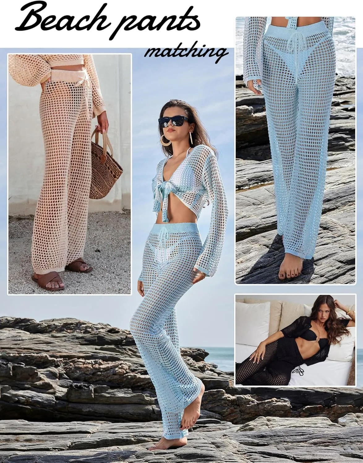 Womens Crochet Knit Elastic Waist Tie Beach Coverup Pant Summer 2025 Trendy Outfits Bathing Suit Cover Up Pants