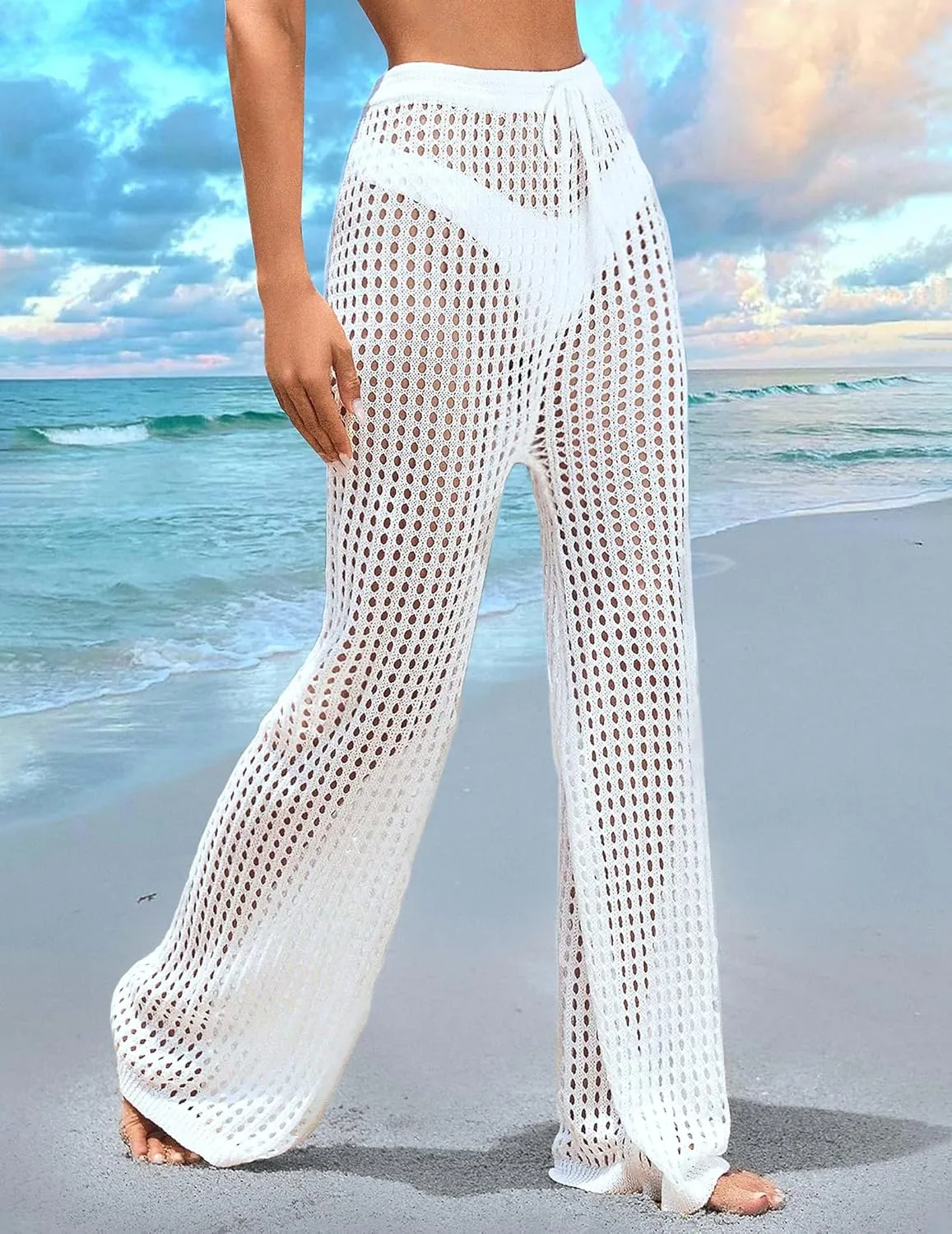 Womens Crochet Knit Elastic Waist Tie Beach Coverup Pant Summer 2025 Trendy Outfits Bathing Suit Cover Up Pants