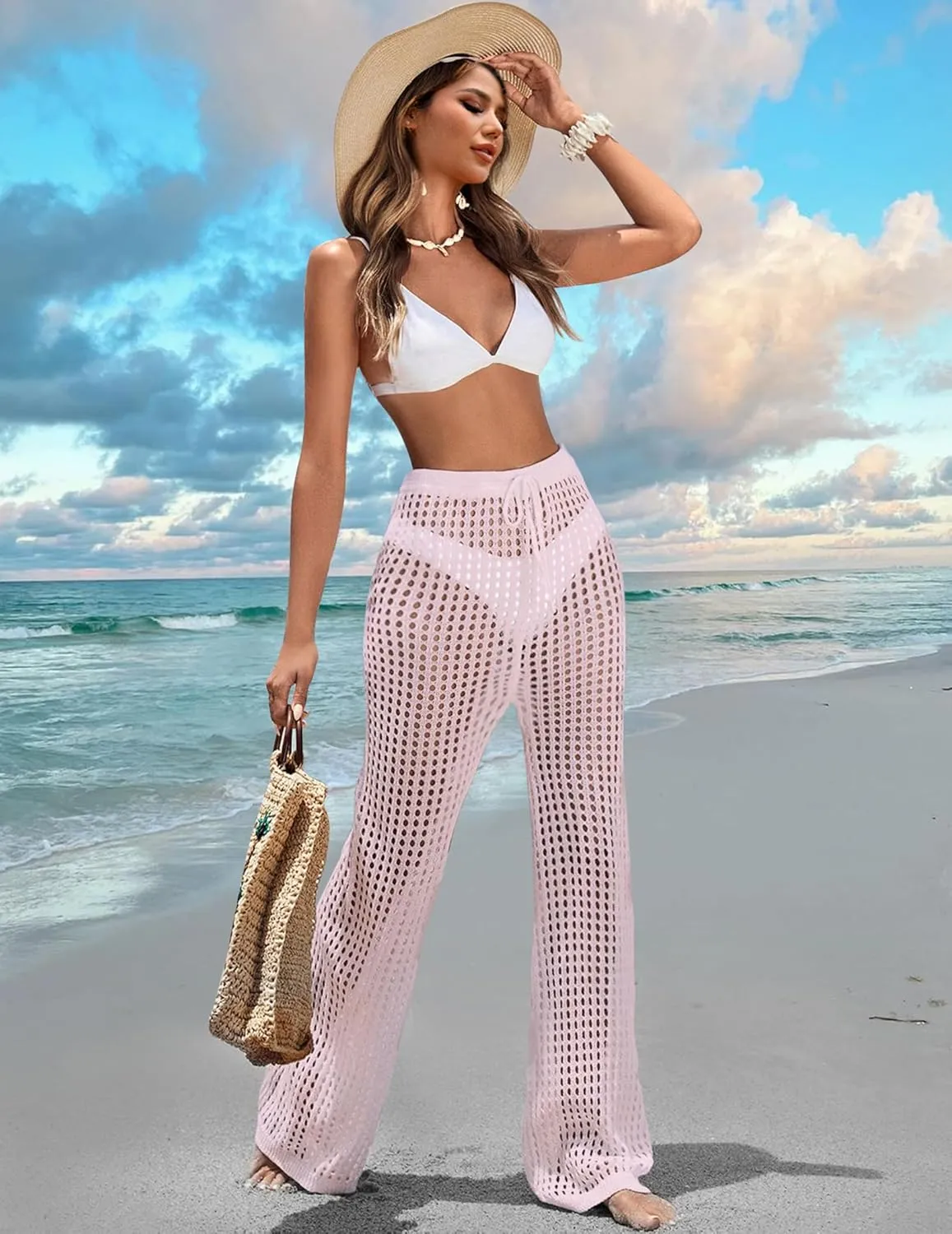 Womens Crochet Knit Elastic Waist Tie Beach Coverup Pant Summer 2025 Trendy Outfits Bathing Suit Cover Up Pants