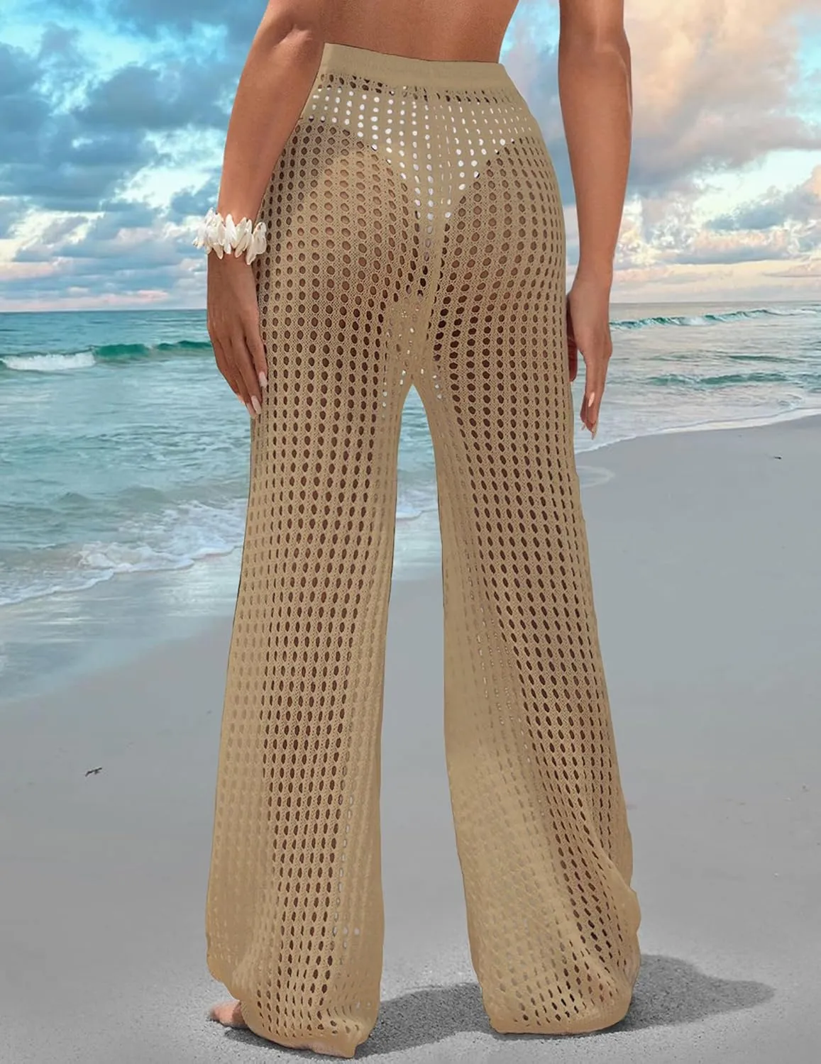 Womens Crochet Knit Elastic Waist Tie Beach Coverup Pant Summer 2025 Trendy Outfits Bathing Suit Cover Up Pants