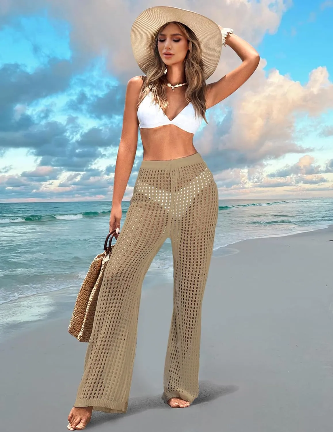 Womens Crochet Knit Elastic Waist Tie Beach Coverup Pant Summer 2025 Trendy Outfits Bathing Suit Cover Up Pants