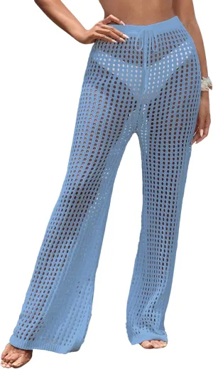 Womens Crochet Knit Elastic Waist Tie Beach Coverup Pant Summer 2025 Trendy Outfits Bathing Suit Cover Up Pants