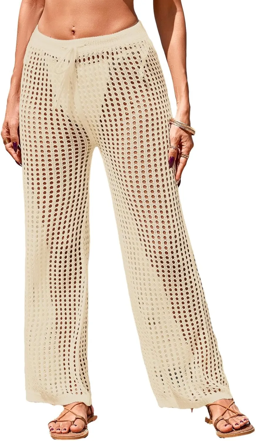 Womens Crochet Knit Elastic Waist Tie Beach Coverup Pant Summer 2025 Trendy Outfits Bathing Suit Cover Up Pants