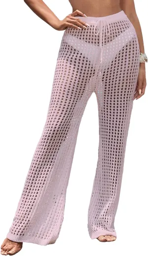 Womens Crochet Knit Elastic Waist Tie Beach Coverup Pant Summer 2025 Trendy Outfits Bathing Suit Cover Up Pants