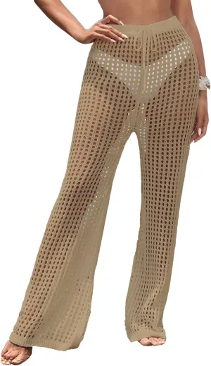 Womens Crochet Knit Elastic Waist Tie Beach Coverup Pant Summer 2025 Trendy Outfits Bathing Suit Cover Up Pants