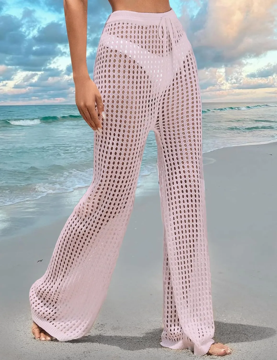 Womens Crochet Knit Elastic Waist Tie Beach Coverup Pant Summer 2025 Trendy Outfits Bathing Suit Cover Up Pants