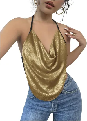 Women's Draped Neck Halter Top Sleeveless Slim Fit Crop Camisole Tops Party Clothes