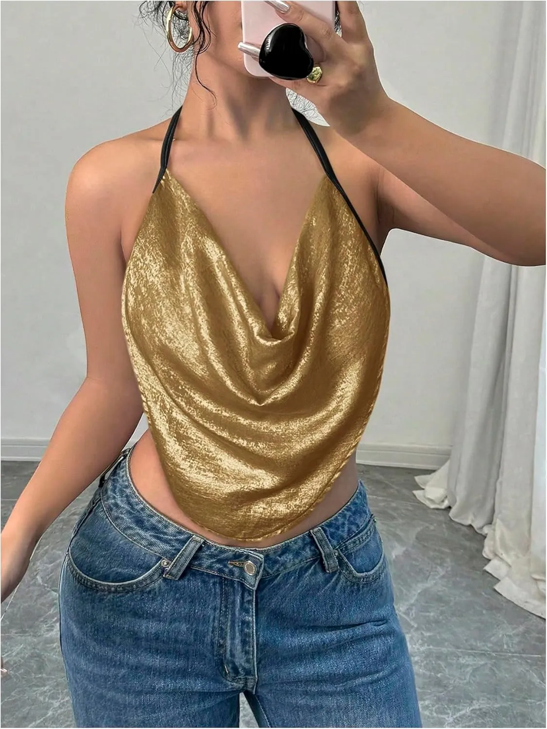 Women's Draped Neck Halter Top Sleeveless Slim Fit Crop Camisole Tops Party Clothes