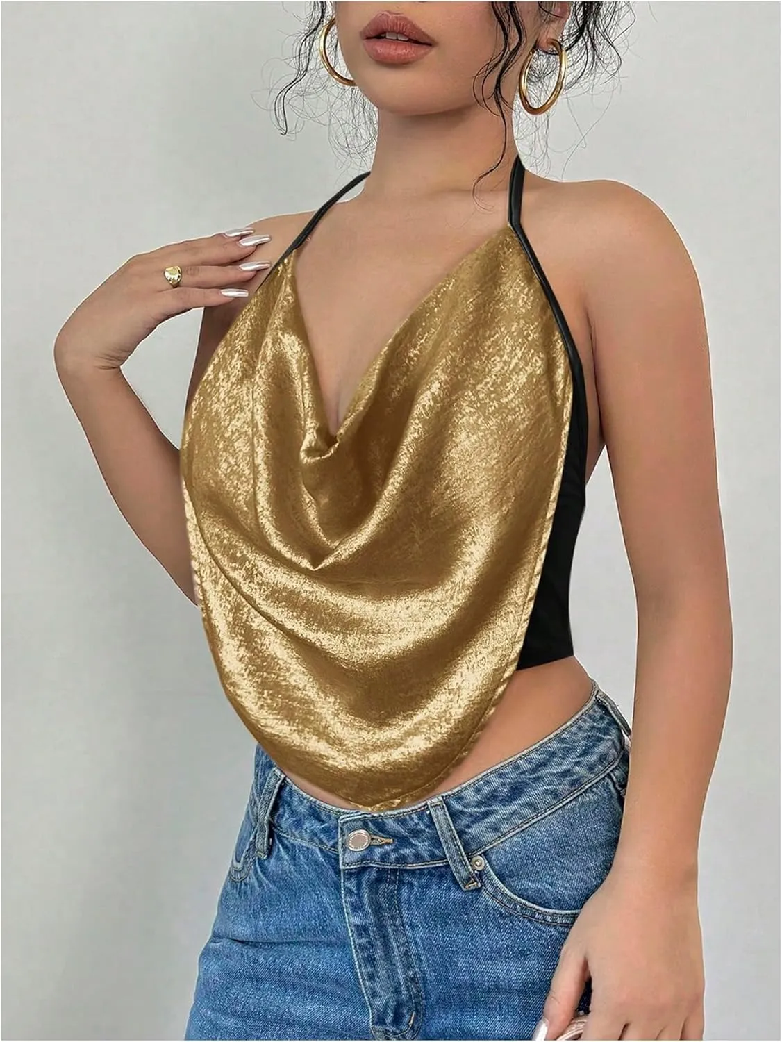 Women's Draped Neck Halter Top Sleeveless Slim Fit Crop Camisole Tops Party Clothes