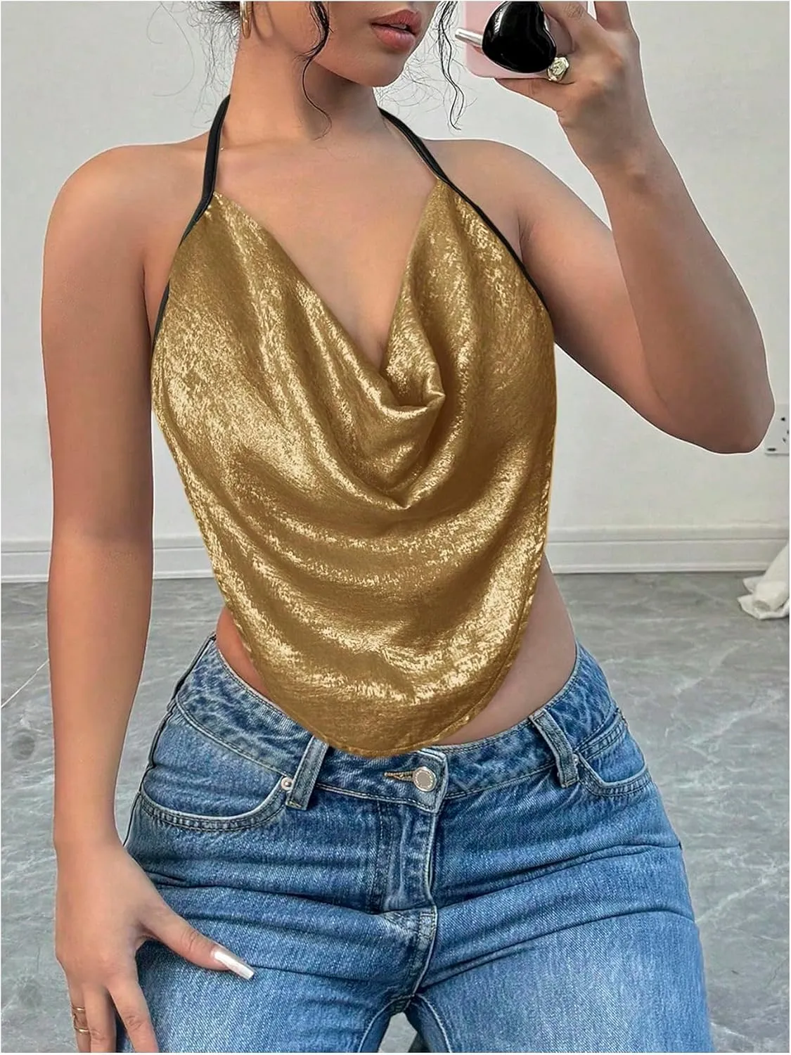Women's Draped Neck Halter Top Sleeveless Slim Fit Crop Camisole Tops Party Clothes