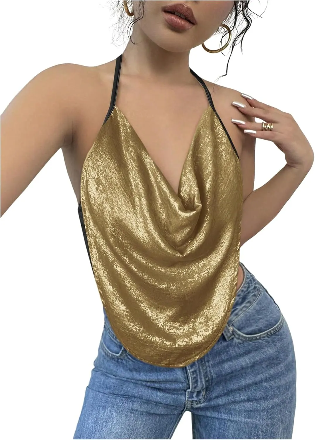 Women's Draped Neck Halter Top Sleeveless Slim Fit Crop Camisole Tops Party Clothes