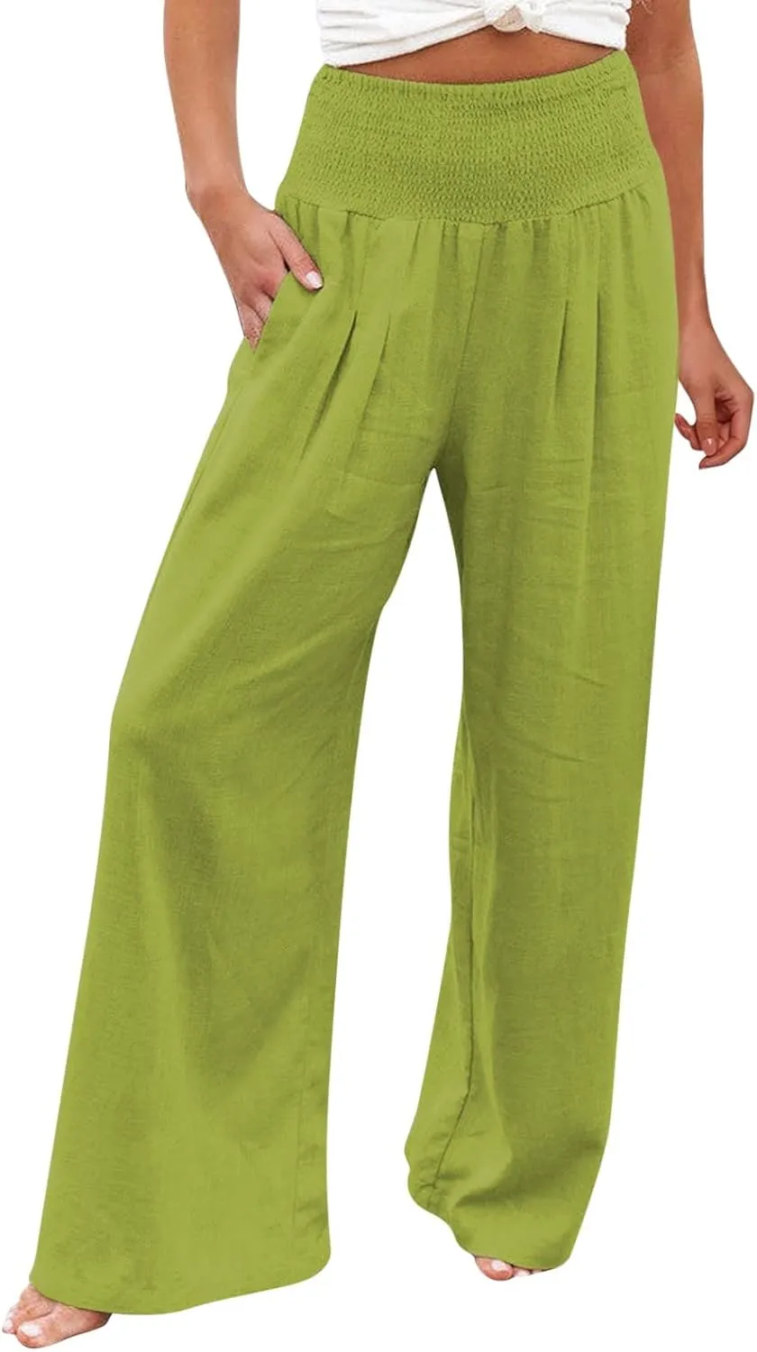 Women's Elastic High Waist Trousers Casual Solid Color Cotton Linen Wide Leg Pants Loose Pull-on Trousers