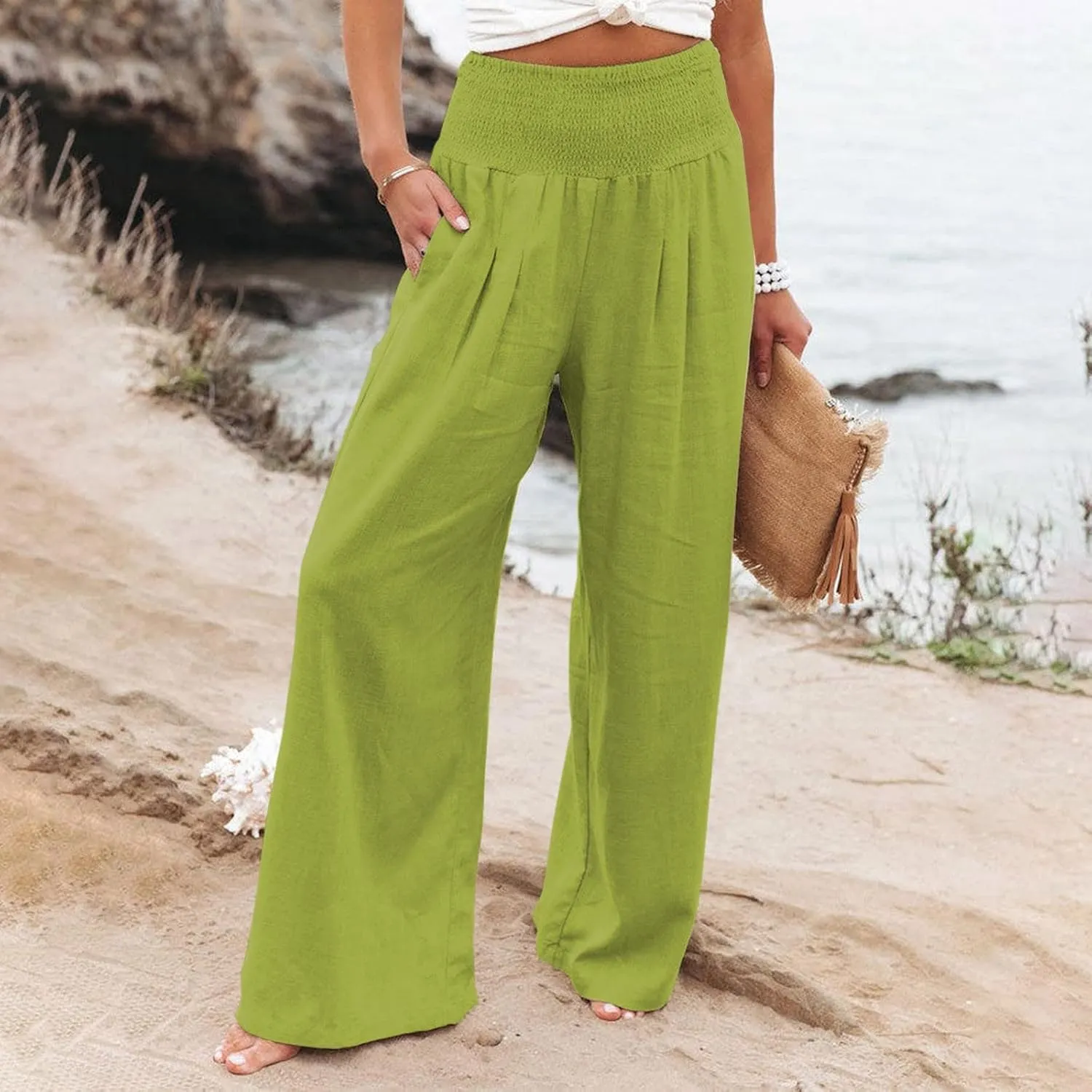 Women's Elastic High Waist Trousers Casual Solid Color Cotton Linen Wide Leg Pants Loose Pull-on Trousers