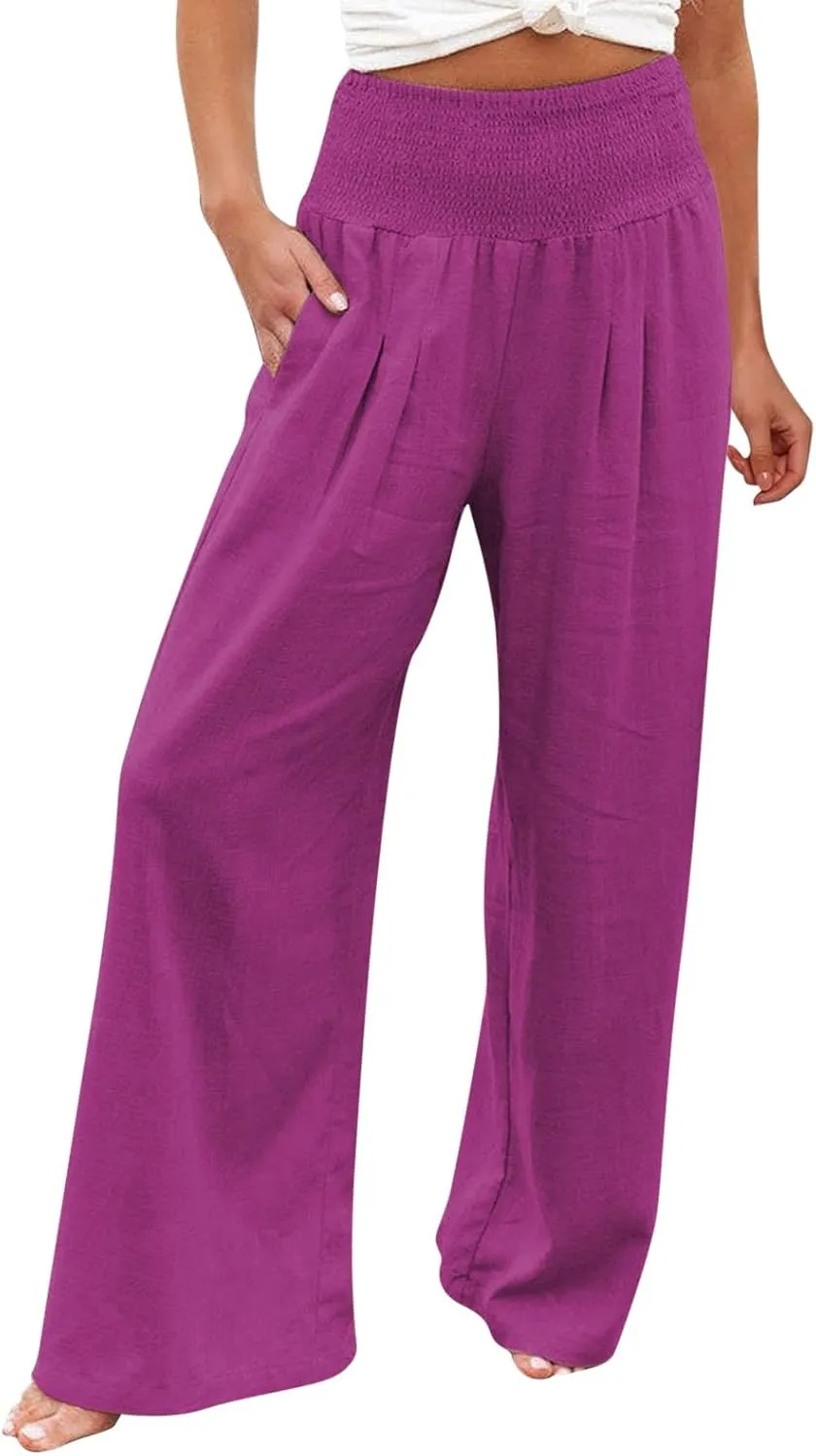 Women's Elastic High Waist Trousers Casual Solid Color Cotton Linen Wide Leg Pants Loose Pull-on Trousers