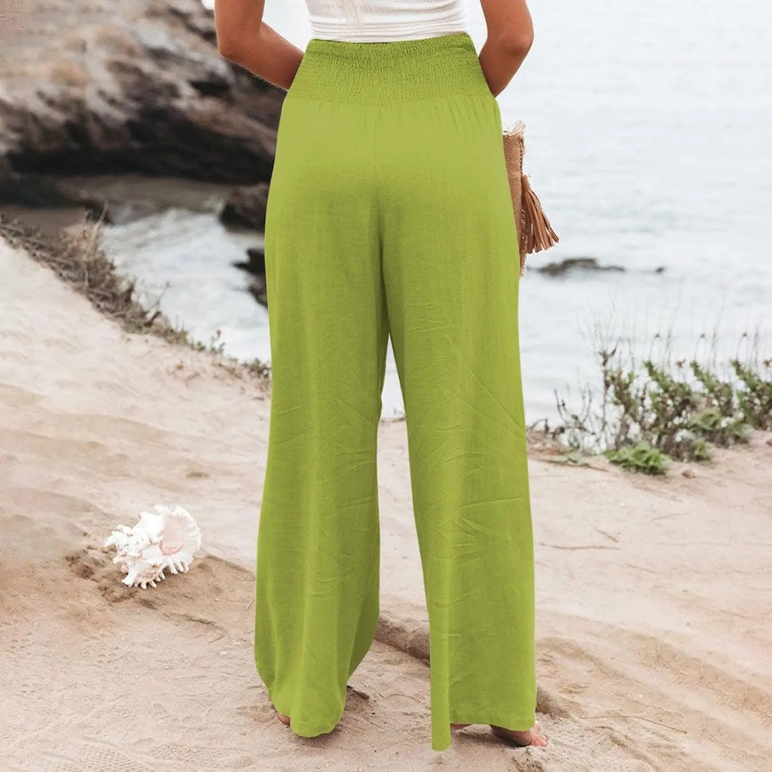 Women's Elastic High Waist Trousers Casual Solid Color Cotton Linen Wide Leg Pants Loose Pull-on Trousers