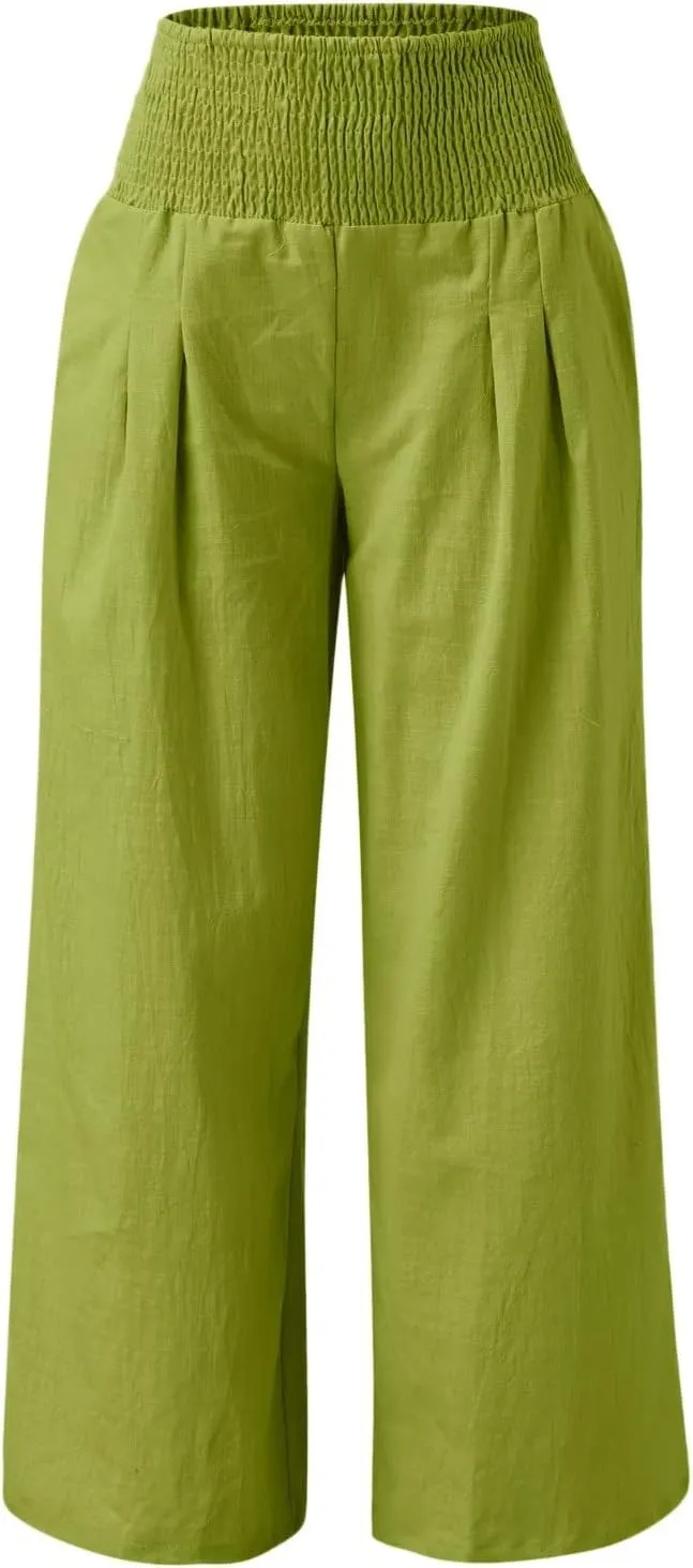 Women's Elastic High Waist Trousers Casual Solid Color Cotton Linen Wide Leg Pants Loose Pull-on Trousers