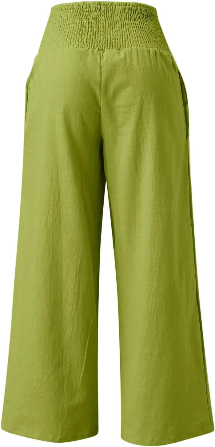 Women's Elastic High Waist Trousers Casual Solid Color Cotton Linen Wide Leg Pants Loose Pull-on Trousers