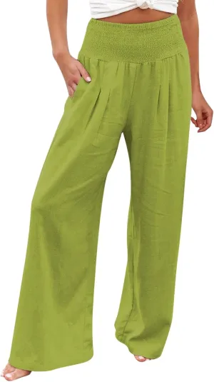 Women's Elastic High Waist Trousers Casual Solid Color Cotton Linen Wide Leg Pants Loose Pull-on Trousers