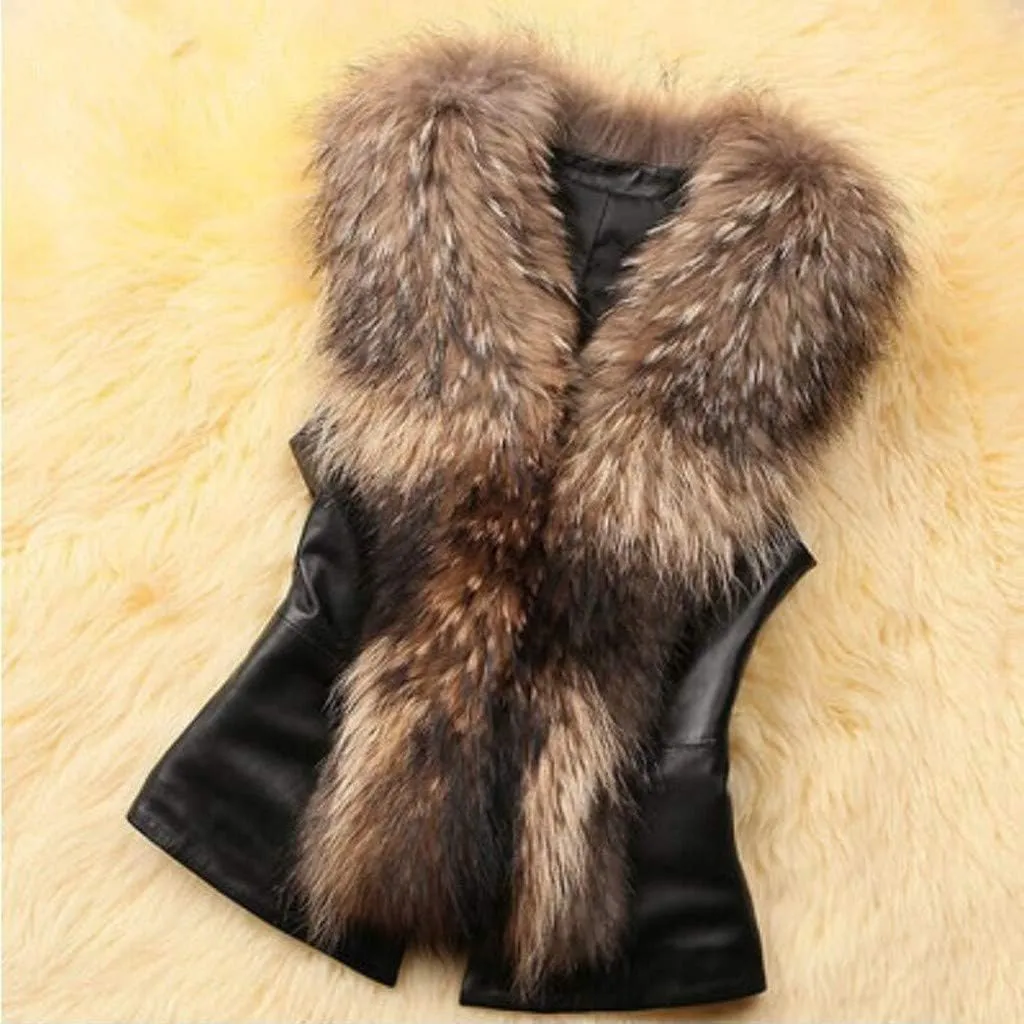 Women's Faux Leather Vest Winter Warm Open Front Sleeveless Jackets Vintage Motorcycle Biker Waistcoats with Faux Fur Collar