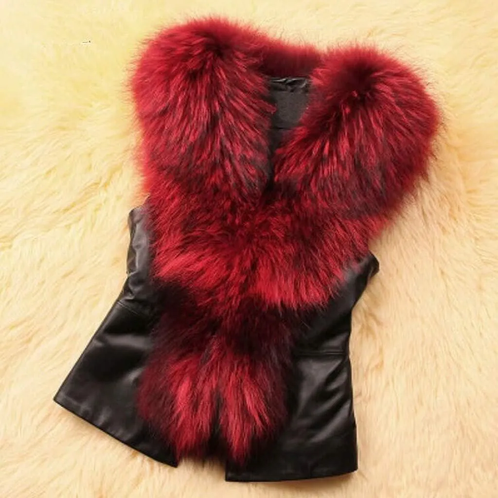 Women's Faux Leather Vest Winter Warm Open Front Sleeveless Jackets Vintage Motorcycle Biker Waistcoats with Faux Fur Collar