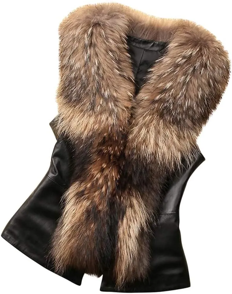 Women's Faux Leather Vest Winter Warm Open Front Sleeveless Jackets Vintage Motorcycle Biker Waistcoats with Faux Fur Collar