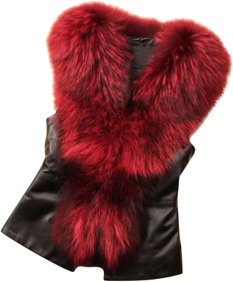 Women's Faux Leather Vest Winter Warm Open Front Sleeveless Jackets Vintage Motorcycle Biker Waistcoats with Faux Fur Collar