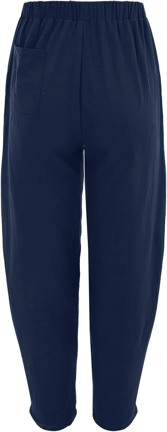 Womens Linen Blend Summer Baggy Pants High Waist Wide Leg Slim Fit Pant Trousers Trendy