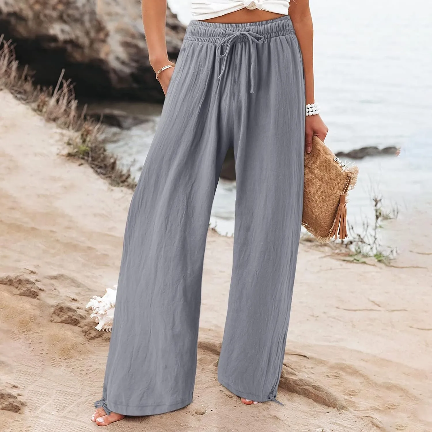 Women's Linen Blend Summer Boho Palazzo Pants Low Waist Lounge Pants Slim Fit Palazzo Lounge Pants Vacation