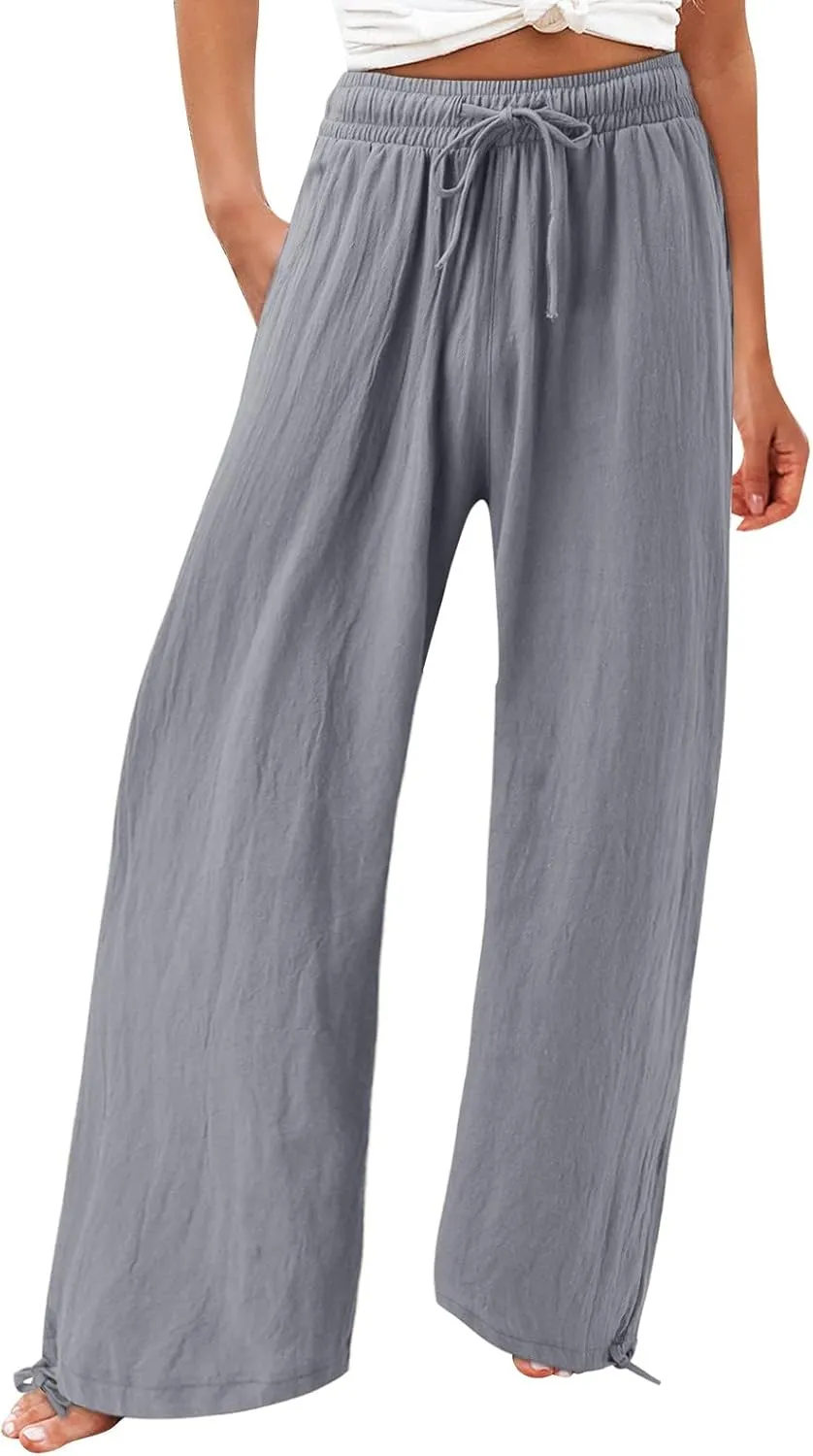 Women's Linen Blend Summer Boho Palazzo Pants Low Waist Lounge Pants Slim Fit Palazzo Lounge Pants Vacation