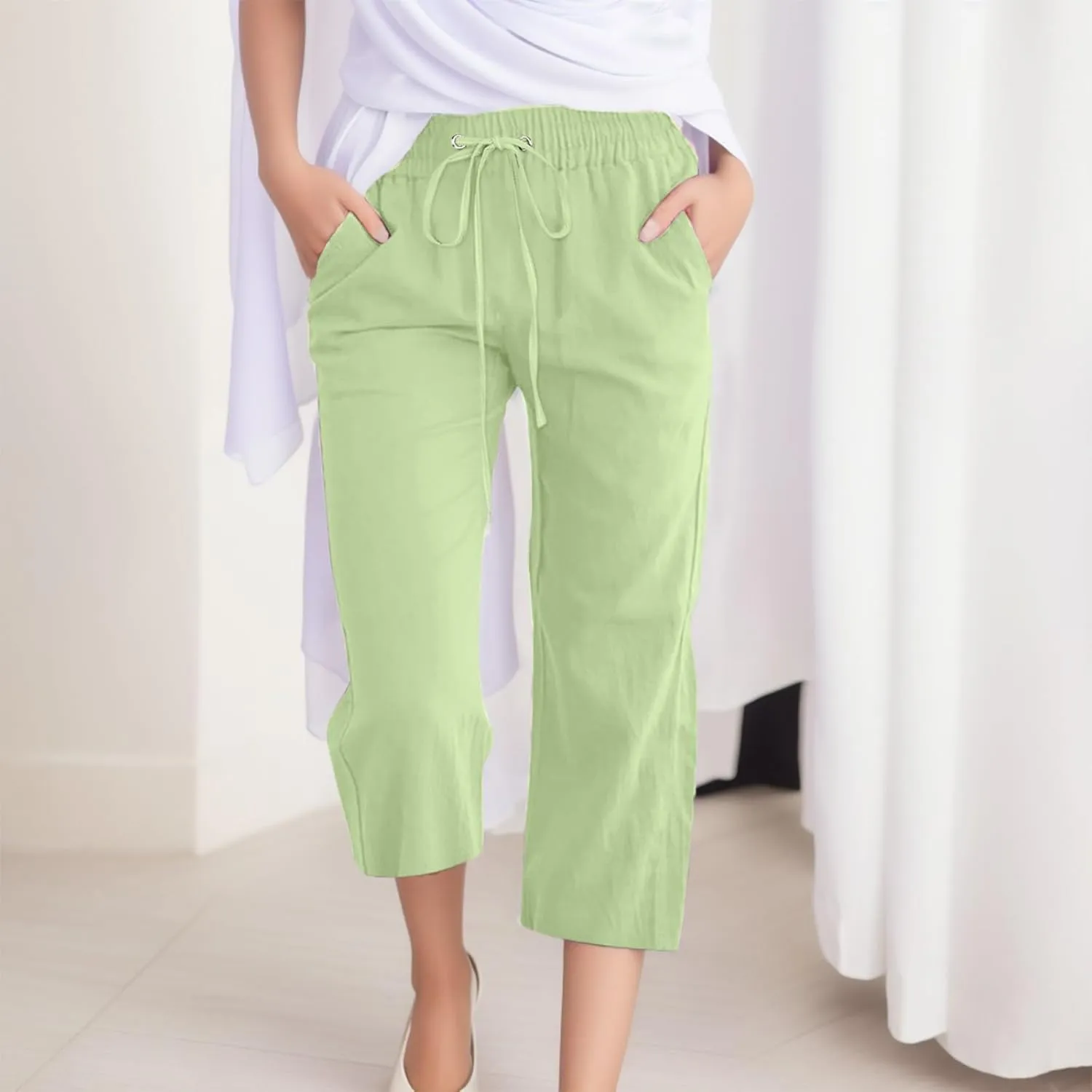 Women's Linen Blend Summer Flowy Pants Elastic Waist Stretchy Slim-Fit Trouser Vacation