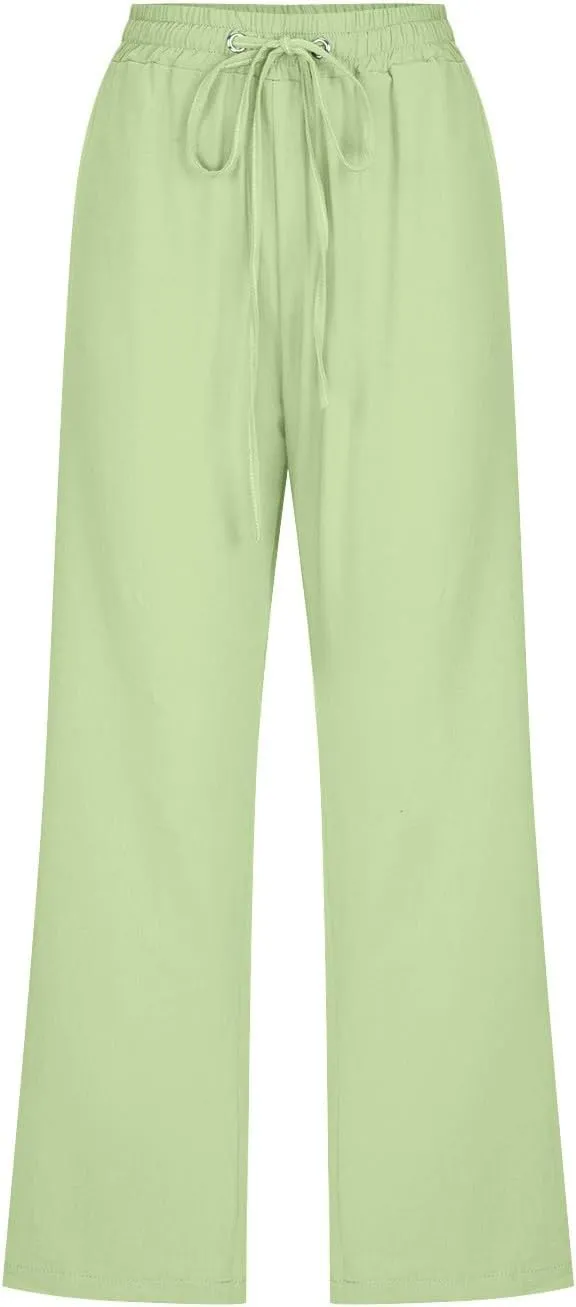 Women's Linen Blend Summer Flowy Pants Elastic Waist Stretchy Slim-Fit Trouser Vacation