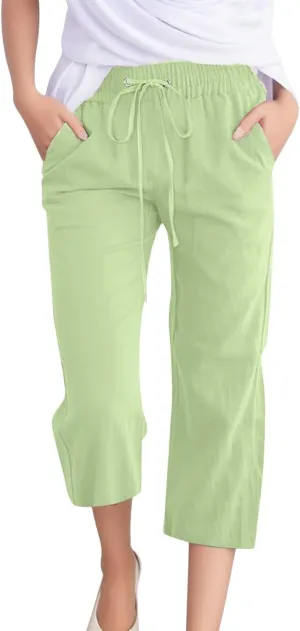 Women's Linen Blend Summer Flowy Pants Elastic Waist Stretchy Slim-Fit Trouser Vacation