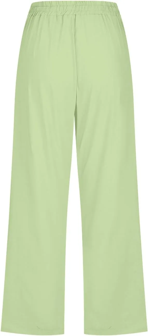 Women's Linen Blend Summer Flowy Pants Elastic Waist Stretchy Slim-Fit Trouser Vacation