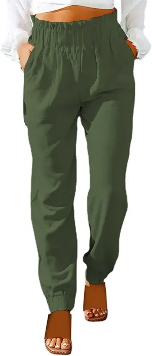 Women's Linen Blend Summer Flowy Pants Low Waist Stretchy Straight Slim Fit Palazzo Pants Work Business