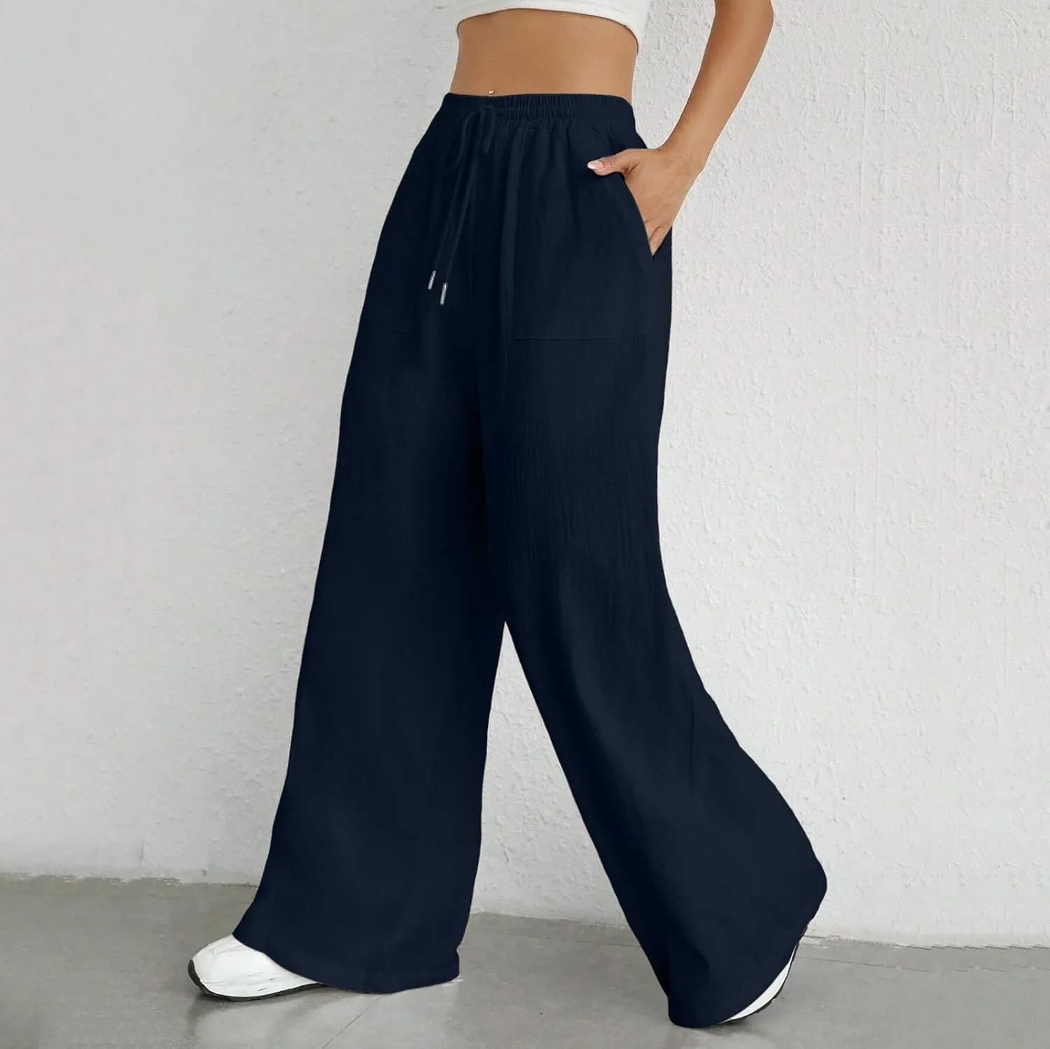 Women's Linen Blend Summer Flowy Pants Low Waist Stretchy Straight Slim Fit Palazzo Pants Work Business