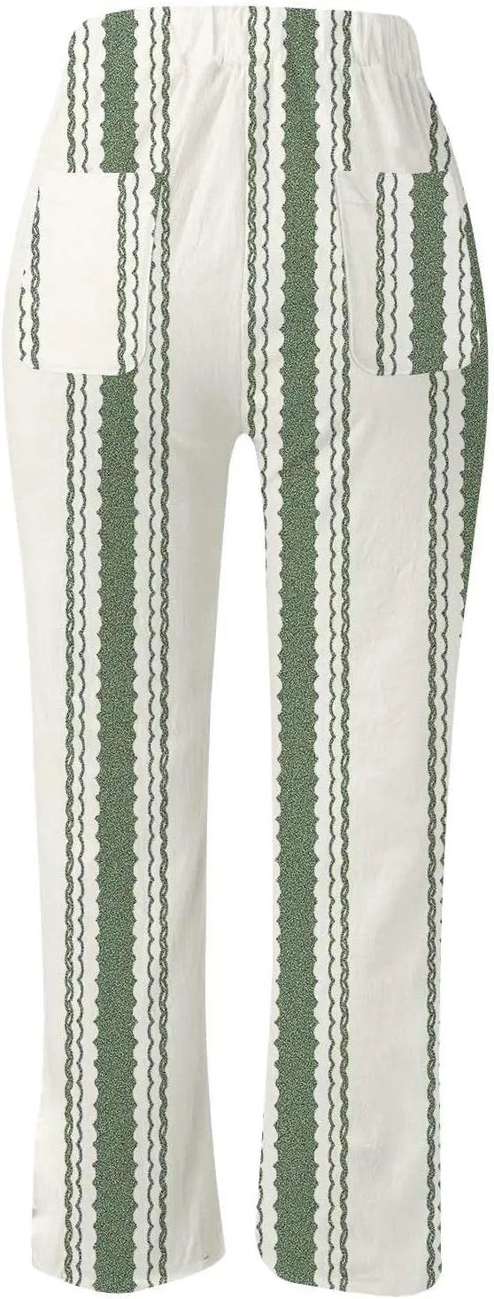 Women's Linen Blend Summer Printed Pant Trousers Elastic Waist Wide Leg Slim-Fit Pants Work Business