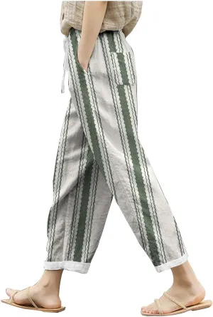 Women's Linen Blend Summer Printed Pant Trousers Elastic Waist Wide Leg Slim-Fit Pants Work Business