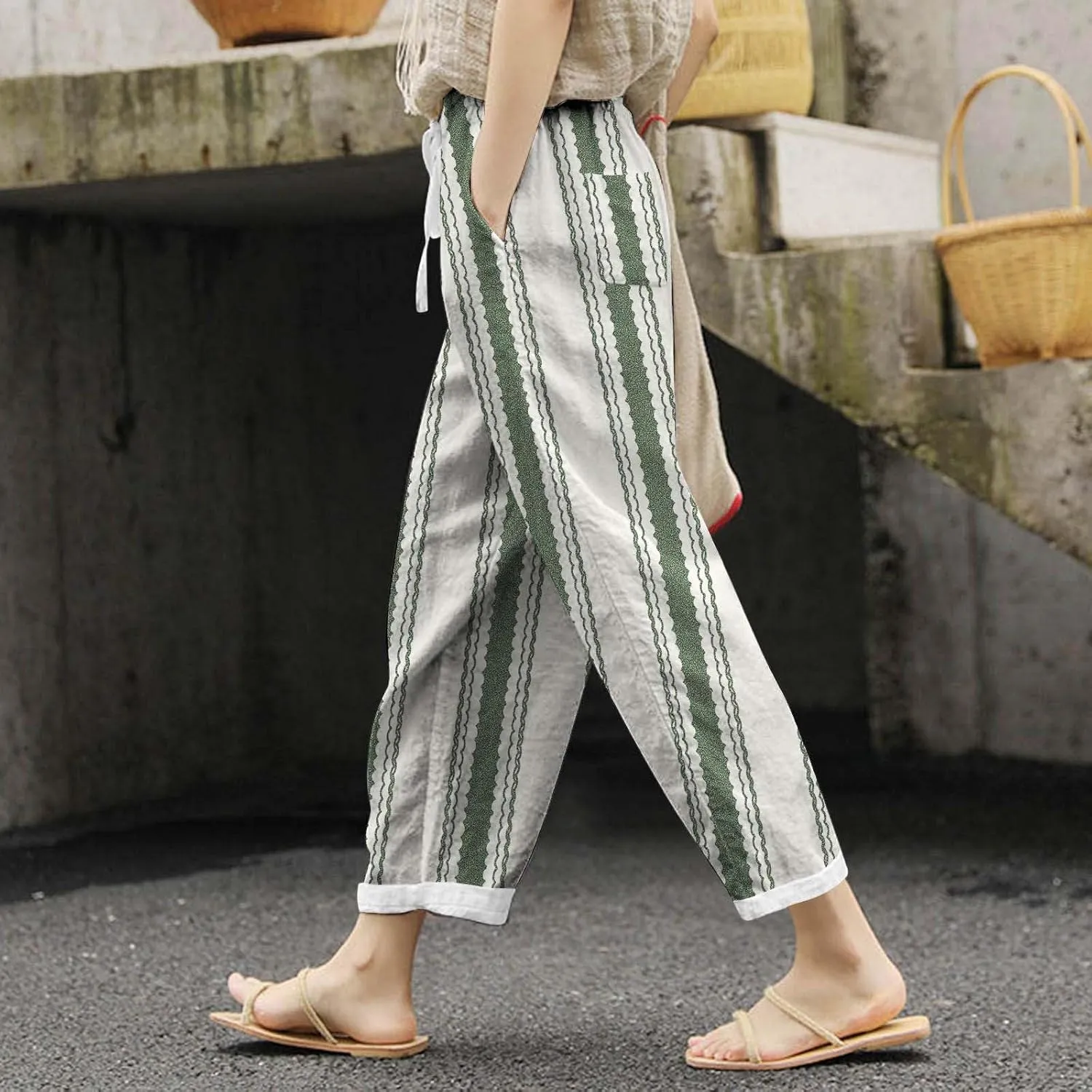 Women's Linen Blend Summer Printed Pant Trousers Elastic Waist Wide Leg Slim-Fit Pants Work Business