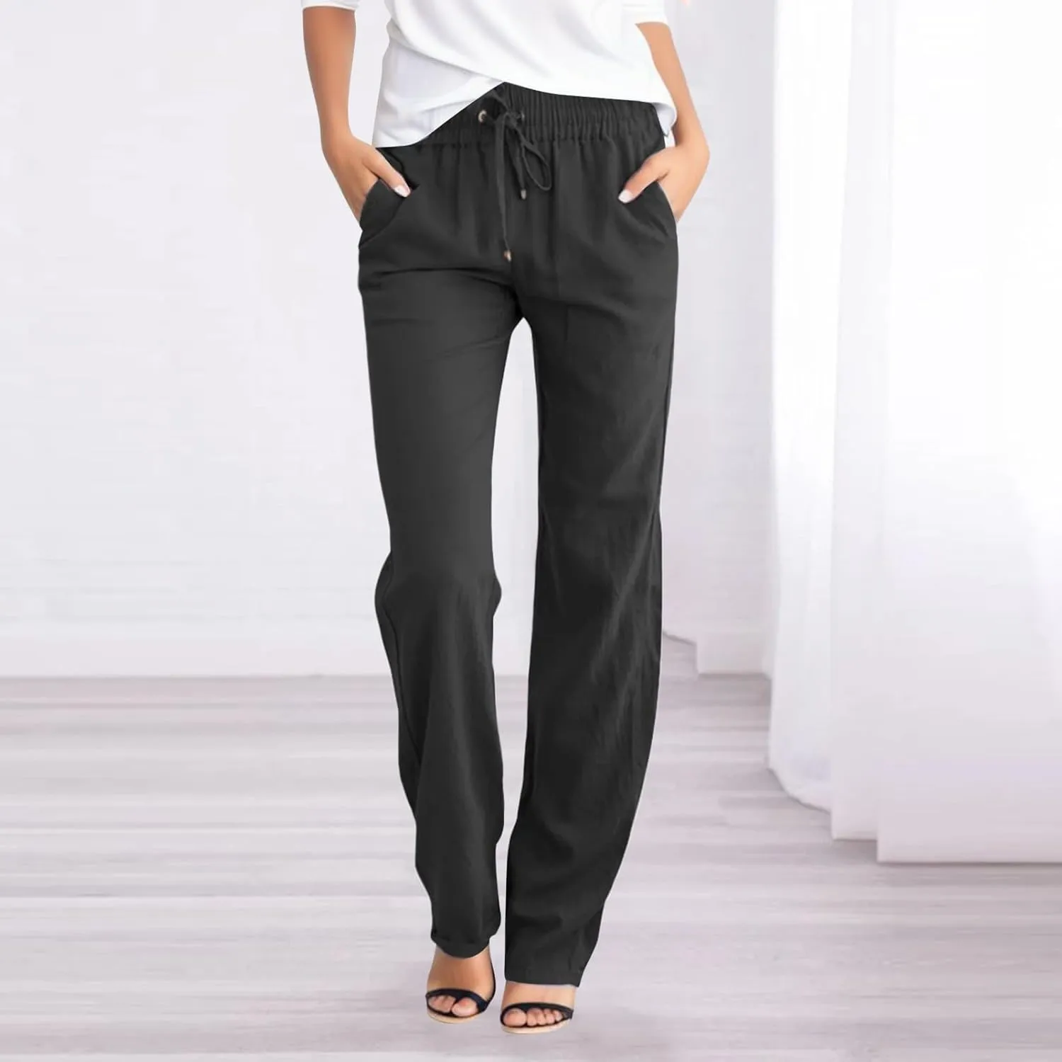 Women's Linen Blend Summer Printed Pant Trousers Elastic Waist Wide Leg Slim-Fit Pants Work Business