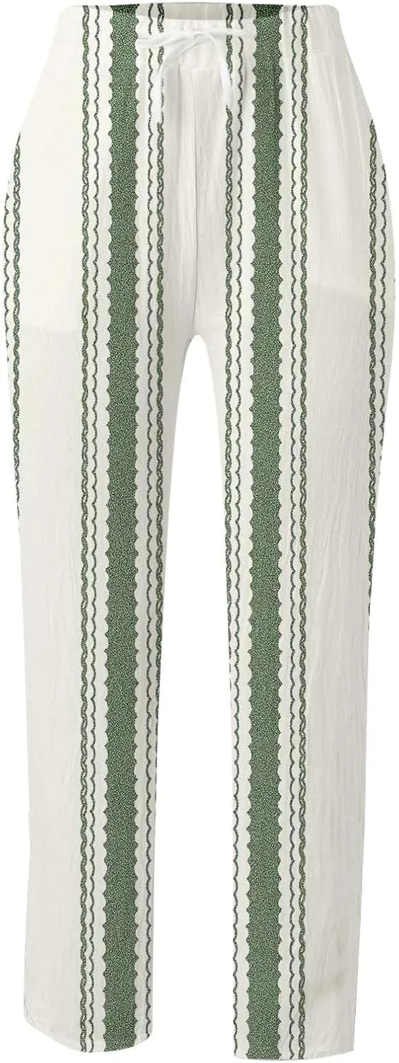 Women's Linen Blend Summer Printed Pant Trousers Elastic Waist Wide Leg Slim-Fit Pants Work Business