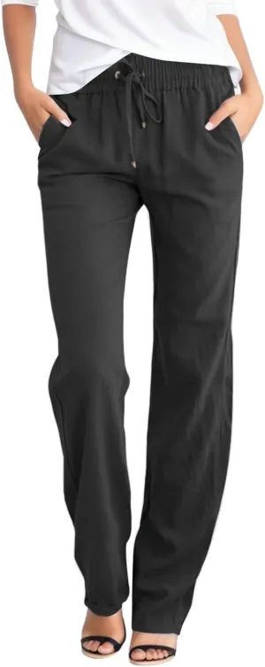 Women's Linen Blend Summer Printed Pant Trousers Elastic Waist Wide Leg Slim-Fit Pants Work Business
