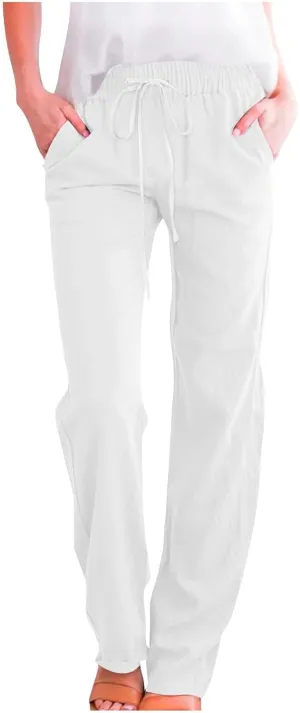 Women's Linen Pant Drawstrings Straight Leg High Waist Trousers Summer Casual Lightweight Breathable Long Pants