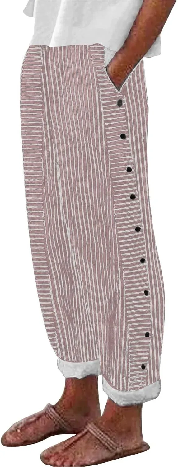 Womens Linen Pants with Pockets Loose Elastic High Waisted Comfy Beach Trousers Striped Side Button Casual Pants