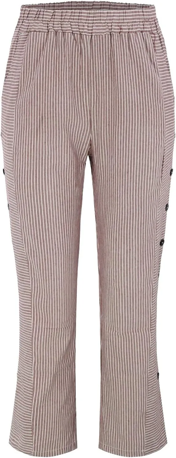 Womens Linen Pants with Pockets Loose Elastic High Waisted Comfy Beach Trousers Striped Side Button Casual Pants