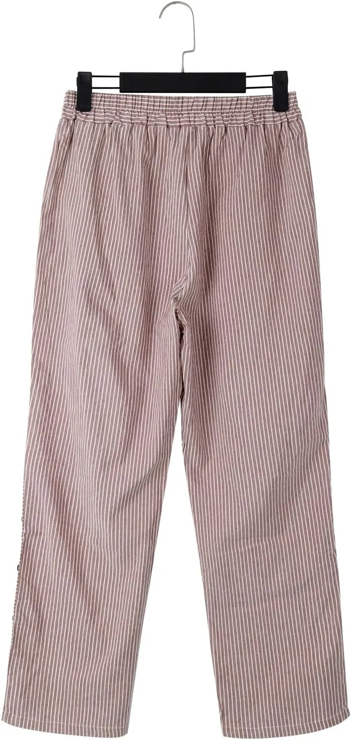 Womens Linen Pants with Pockets Loose Elastic High Waisted Comfy Beach Trousers Striped Side Button Casual Pants