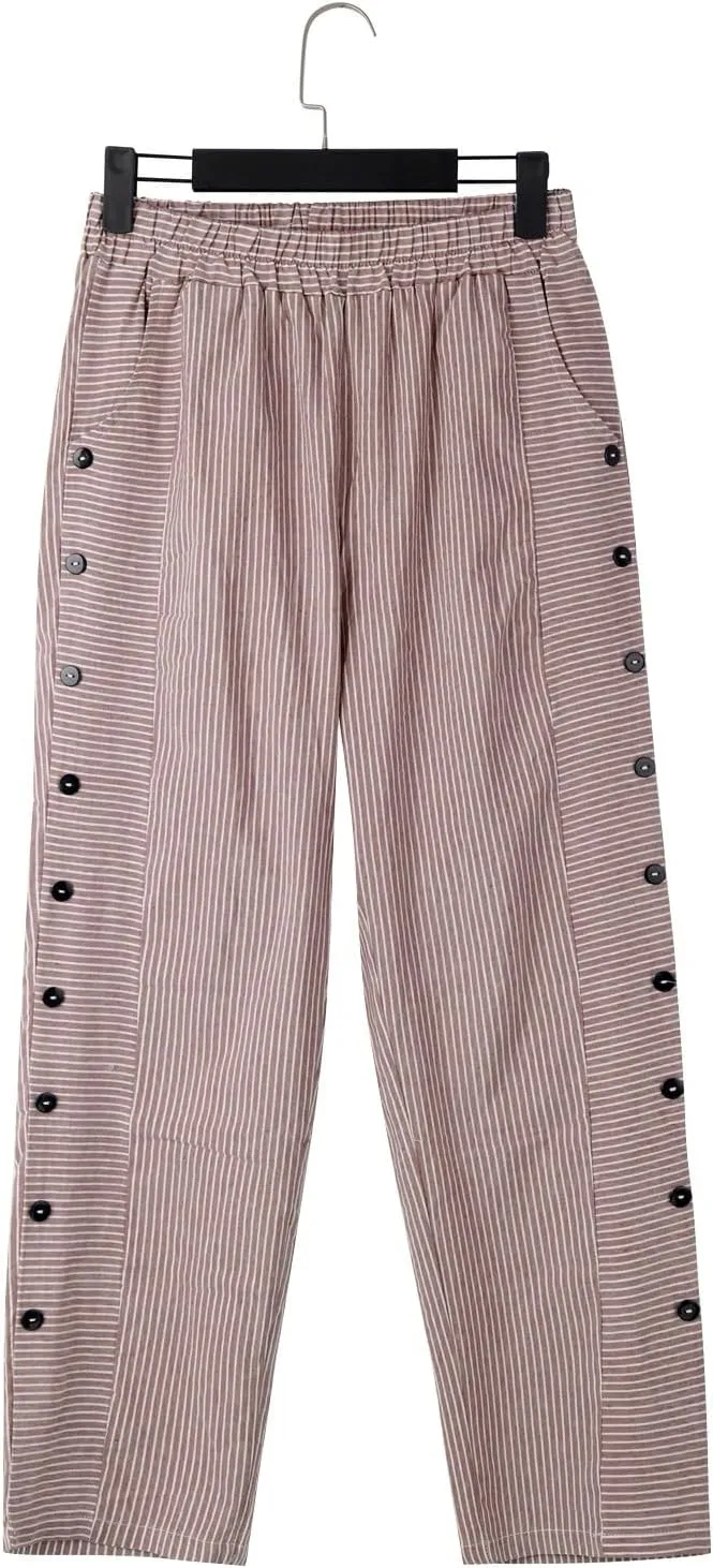 Womens Linen Pants with Pockets Loose Elastic High Waisted Comfy Beach Trousers Striped Side Button Casual Pants