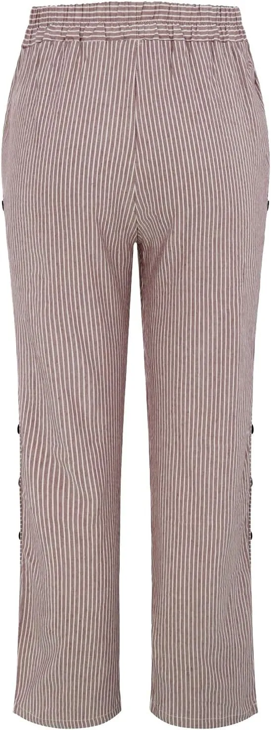 Womens Linen Pants with Pockets Loose Elastic High Waisted Comfy Beach Trousers Striped Side Button Casual Pants