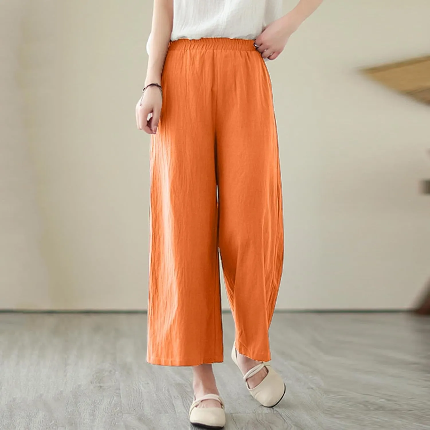 Women's Linen Summer Casual Loose Pant Trousers Elastic Waisted Straight Loose Fit Pant Trousers Work Business
