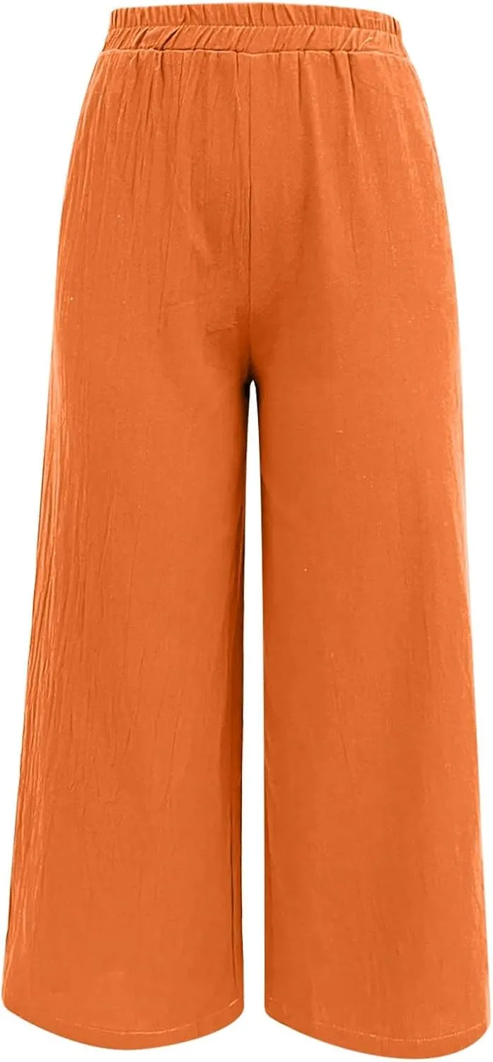 Women's Linen Summer Casual Loose Pant Trousers Elastic Waisted Straight Loose Fit Pant Trousers Work Business
