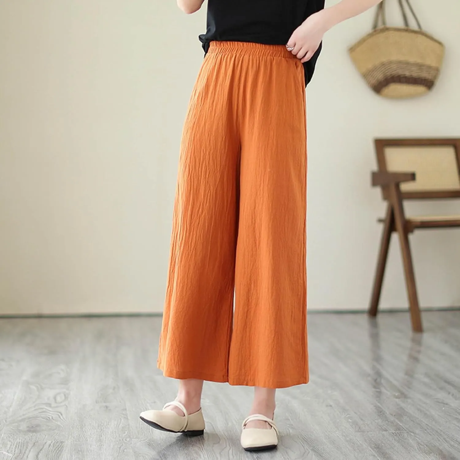 Women's Linen Summer Casual Loose Pant Trousers Elastic Waisted Straight Loose Fit Pant Trousers Work Business